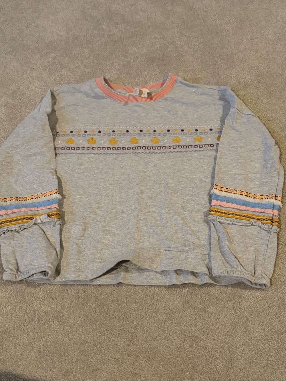 Matilda Jane Light Gray Knit Sweatshirt with Pink Trim and Multicolor Embroidery